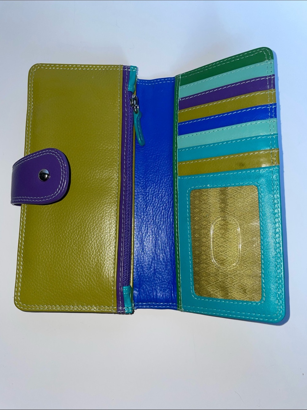 NWOT Colorblock Leather Wallet in Green, Teal & Purple.  Made in India.